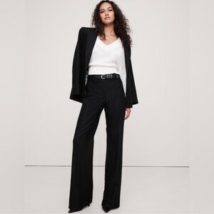 NWT! BANANA REPUBLIC WOMENS BLACK STRIPE HIGH-RISE WIDE-LEG FLARE FLANNEL PANT